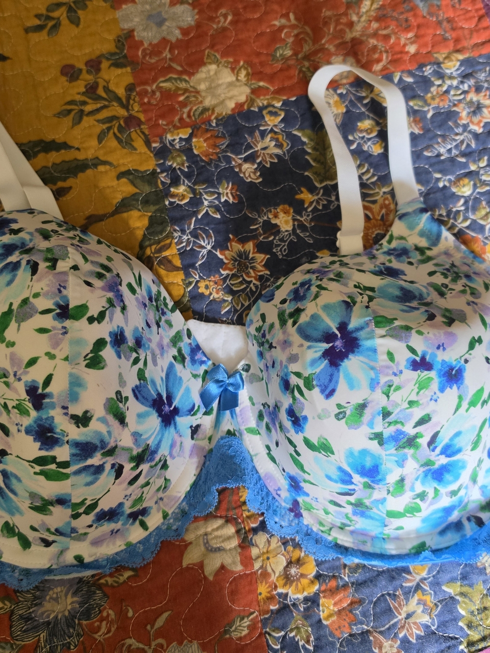Adore Me Floral Blue & Green Padded Bra with Lace Trim